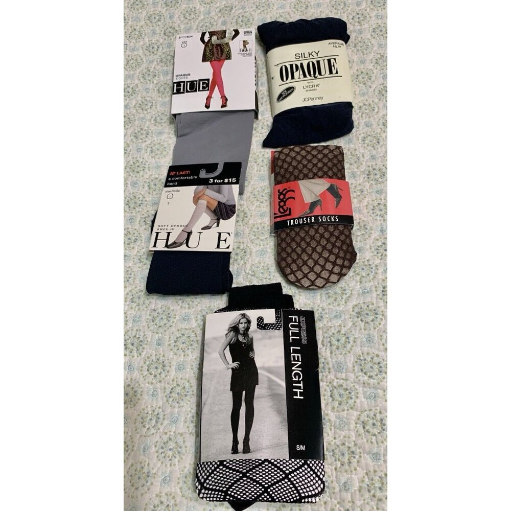 Lot of 5 Vtg Tights Trouser Socks S/M Opaque Fishnet Fishscale NEW BL Grey Brown